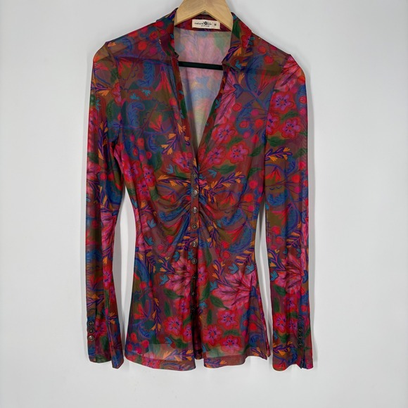 NATURAL LIFE Tops - Natural Life Womens Sheer Mesh Floral Button Up Top Size M Ruched Multicolor